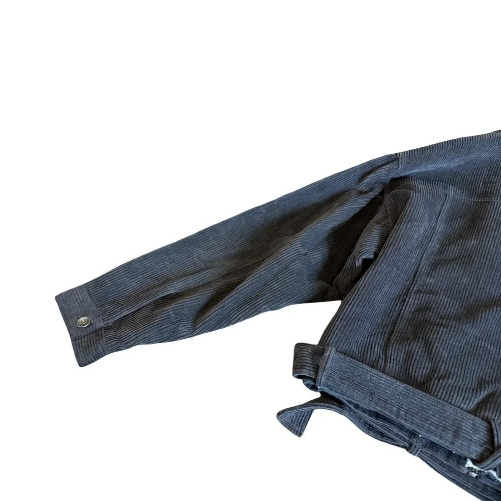 Fashion on Earth Grey Corduroy Asymmetrical Jacket Sherpa Lined Belted Sz Medium